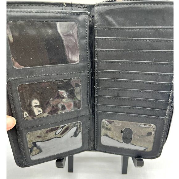 Zip Wallet Wristlet Black Woven Leather Checkbook Multiple Pockets and Slots - Picture 7 of 8